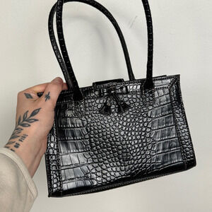 y2k 00s Vintage Liz Claiborne Purse Black Croc Mini Top Handle Bag w/ Bow Tassel